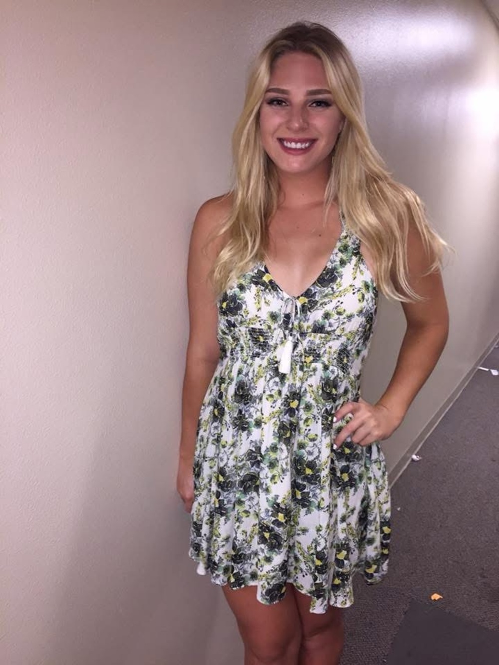 Free People White Floral Mini Dress with Green and Black Accents